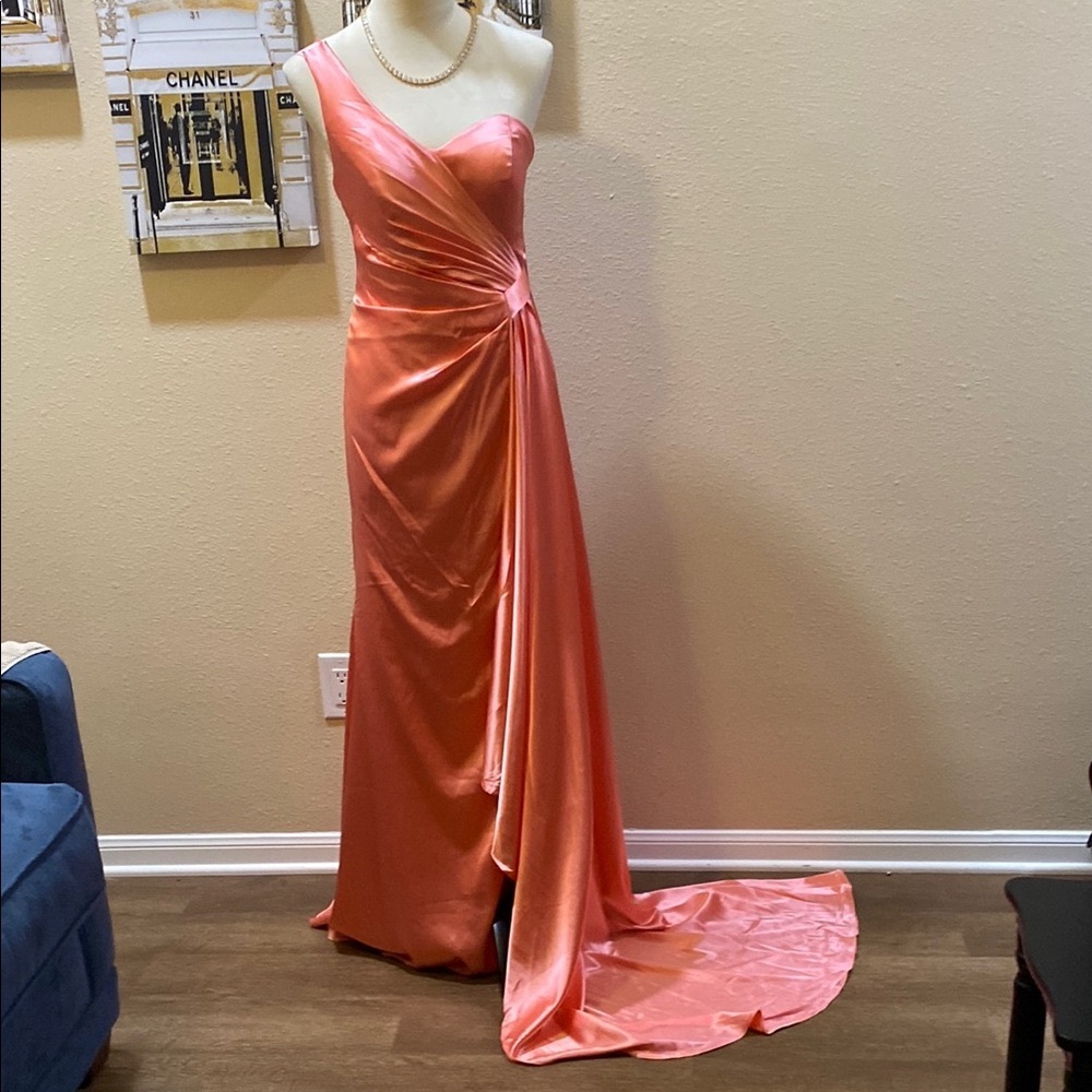 Satin Coral One-Shoulder Dress